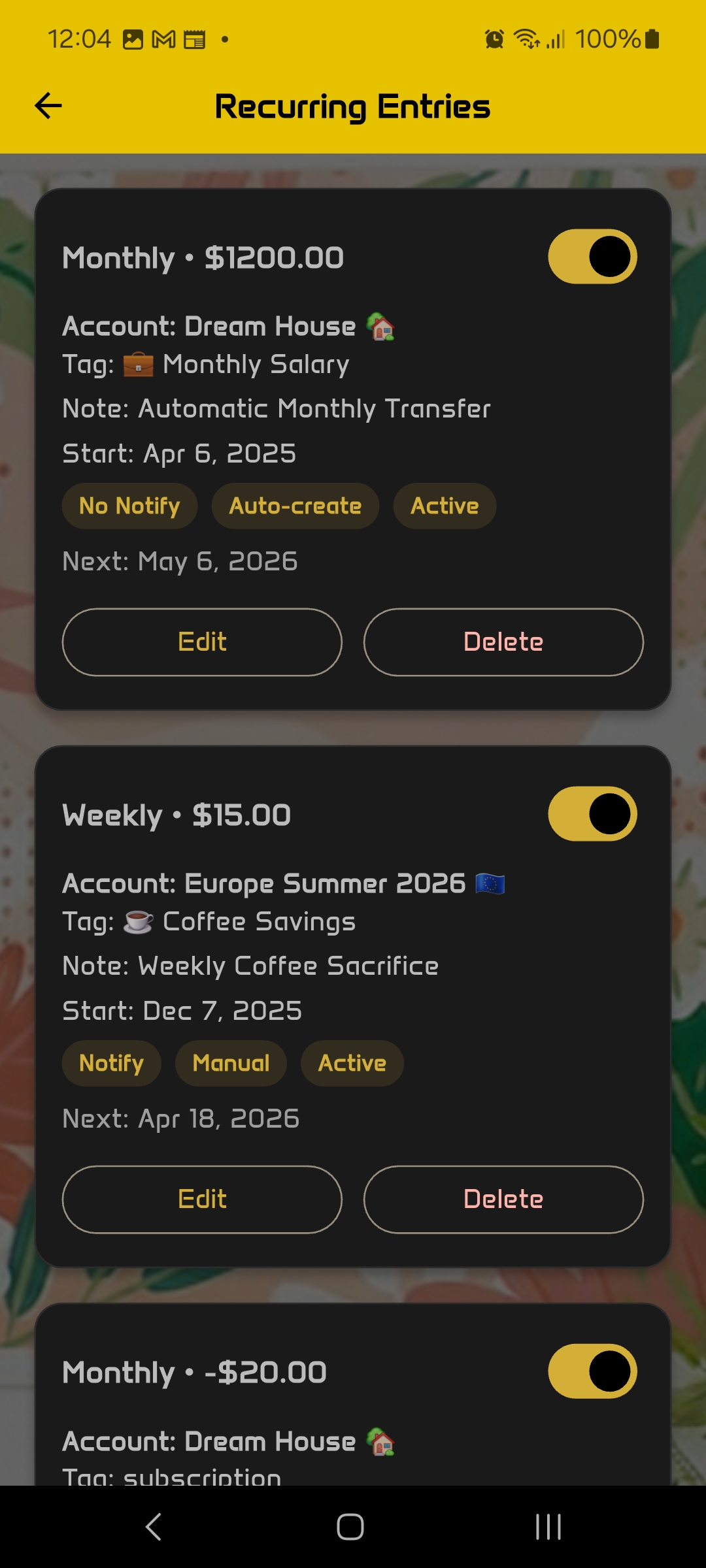 Recurring Entries List
